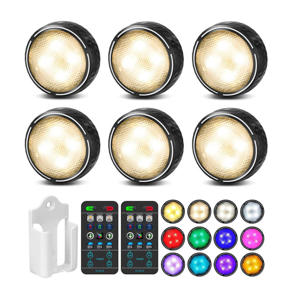 TECOMLIGHT front packaging showing six black puck lights and accessories, easy setup benefit