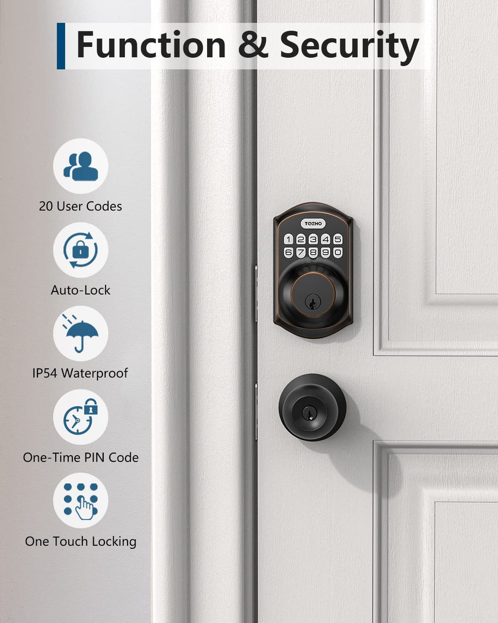 TEEHO TE001 installed on a front door demonstrating correct fit and scale