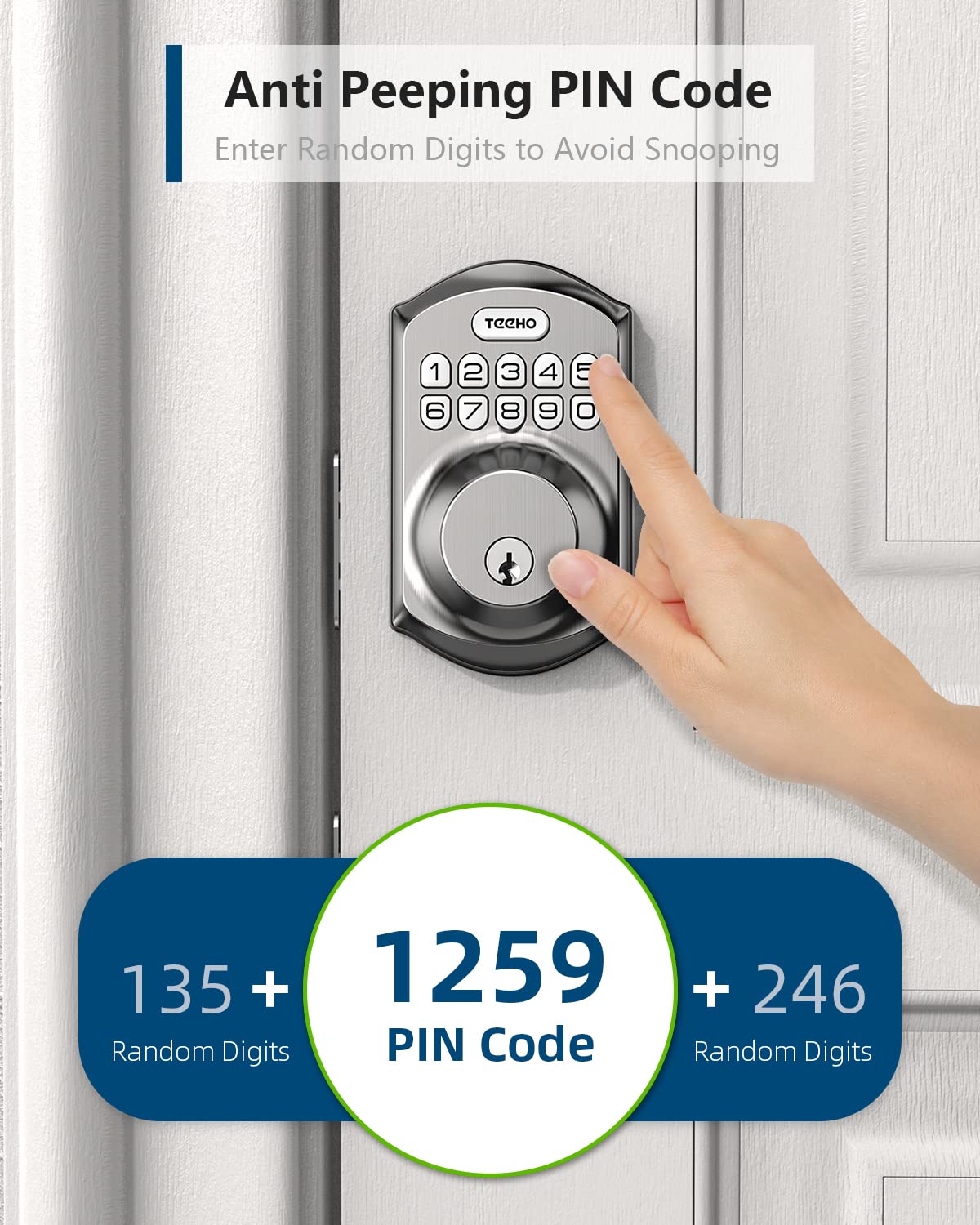 TEEHO TE001 lifestyle shot of homeowner entering code demonstrating convenient keyless access