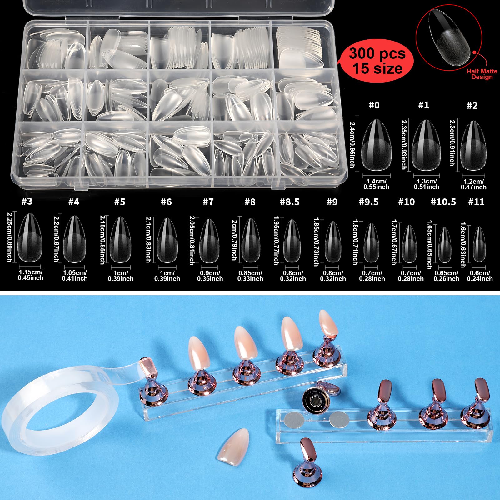 Teenitor almond false nail tips organized on display for sizing and practice