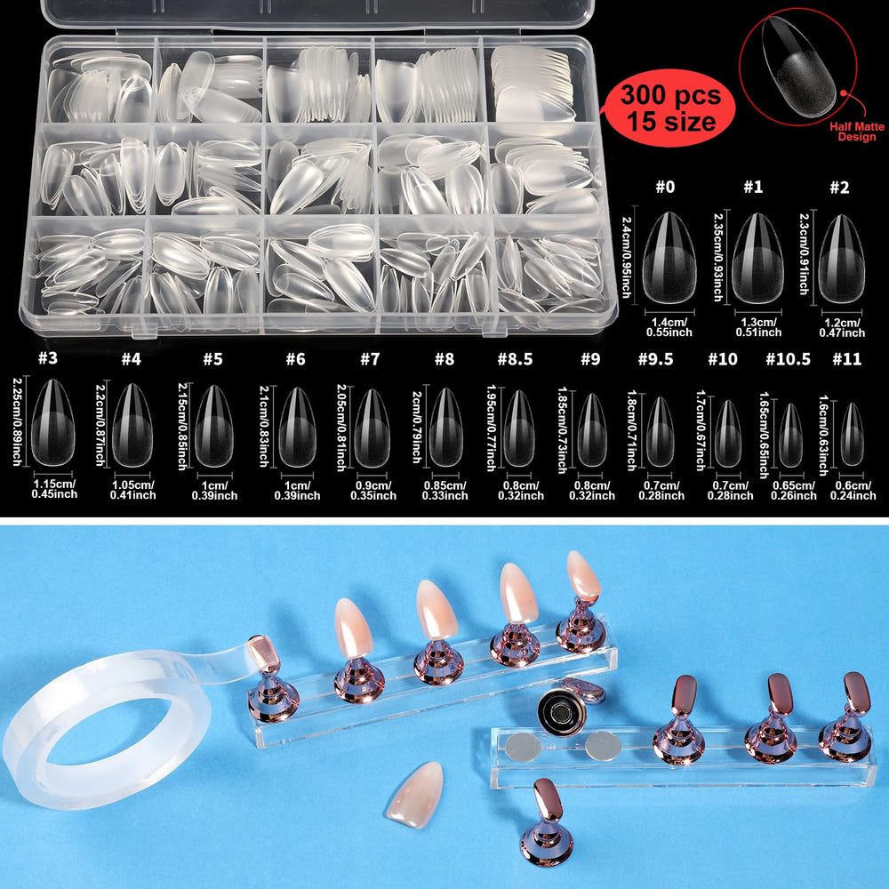 Teenitor almond false nail tips organized on display for sizing and practice