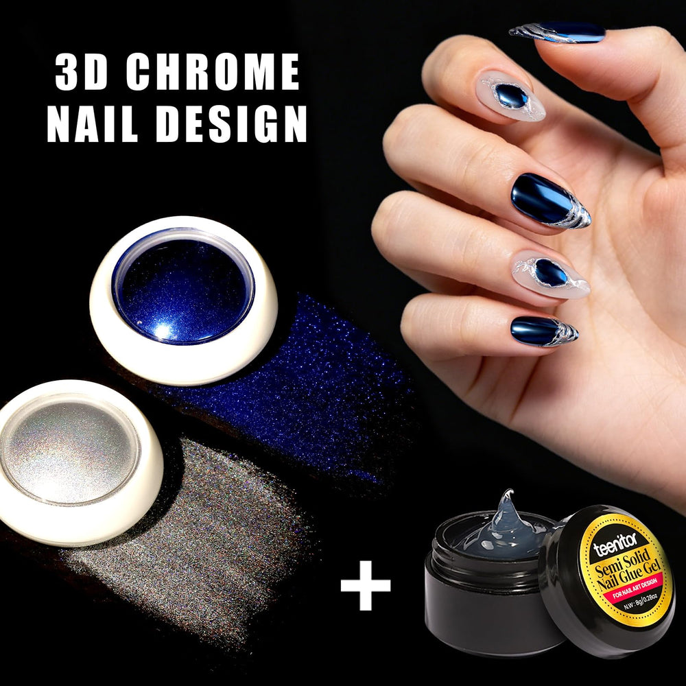 Teenitor chrome powders with 3D gel close-up showing smooth metallic finish