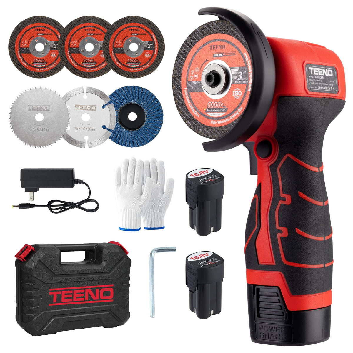 TEENO angle grinder front view showing compact profile and portability benefit