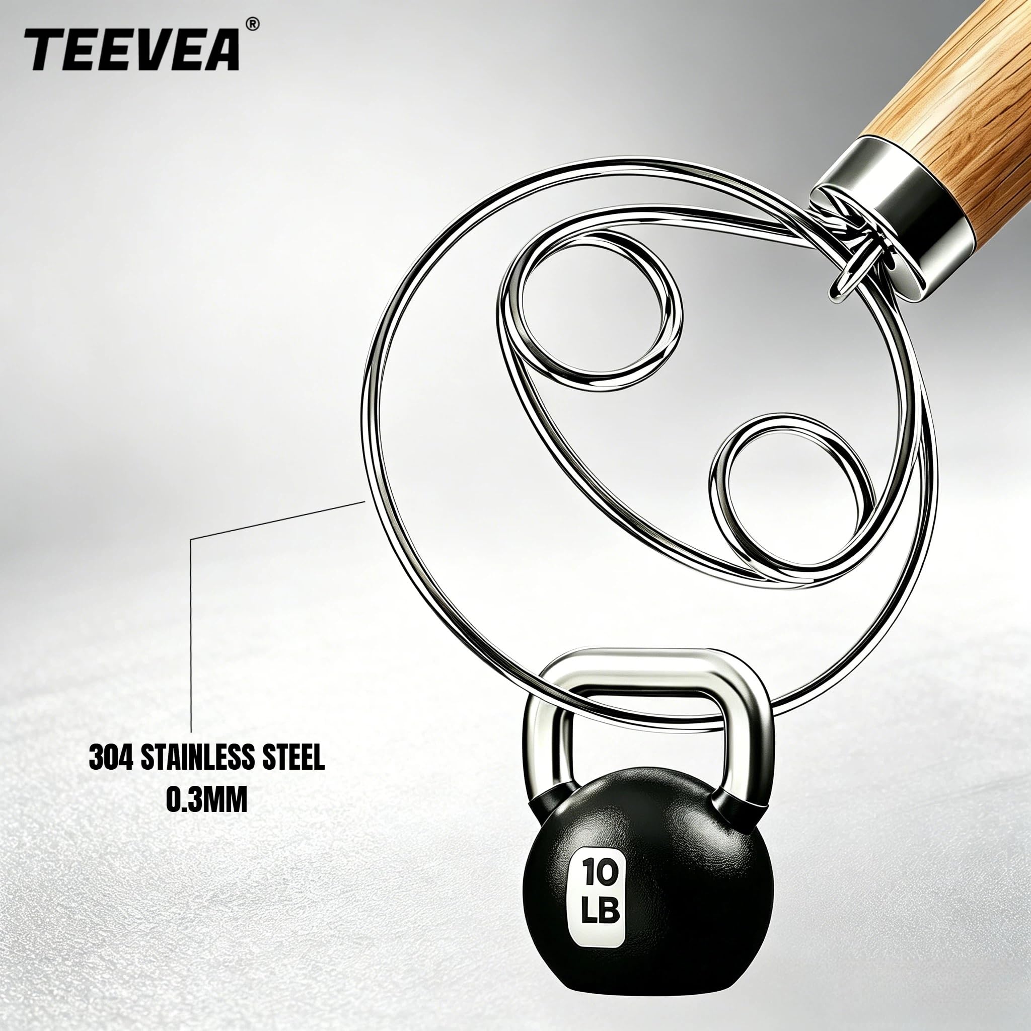 TEEVEA whisk beside kitchen knife showing compact scale benefit