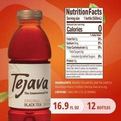 Tejava label closeup highlighting Java leaf sourcing and small-batch brewing for authentic tea flavor