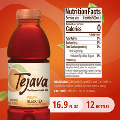 Tejava bottle close-up showing peach tea color and clear PET bottle