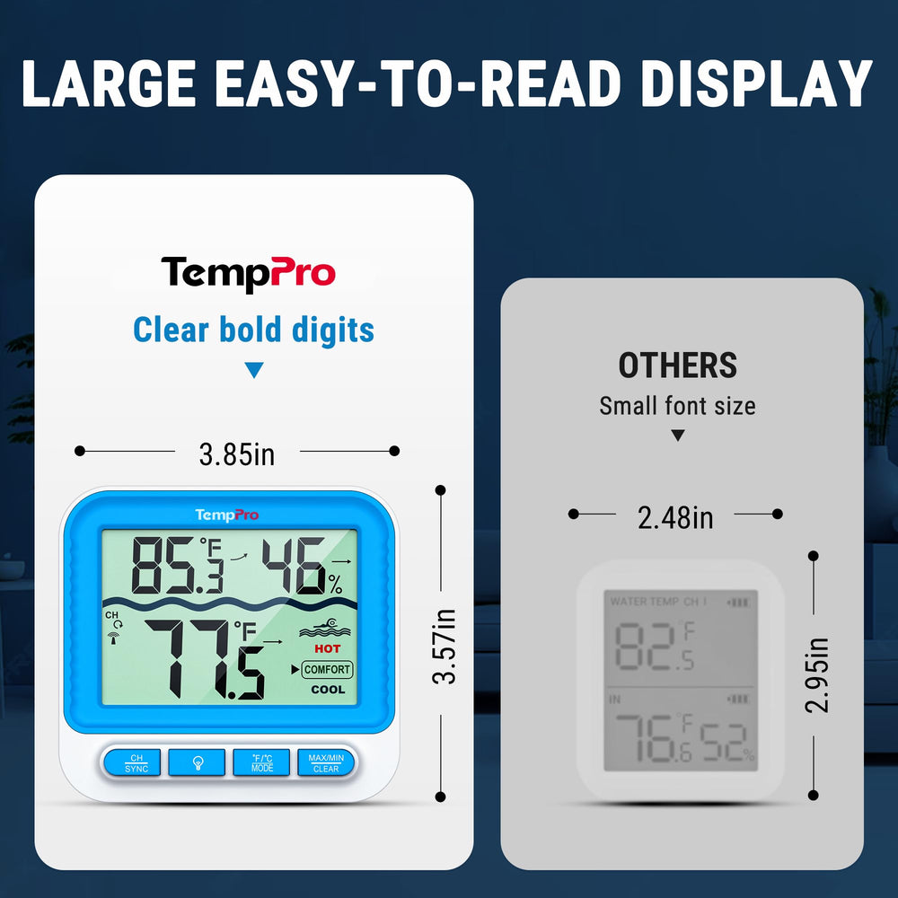 TempPro sensor floating in pool demonstrating remote temperature monitoring benefit
