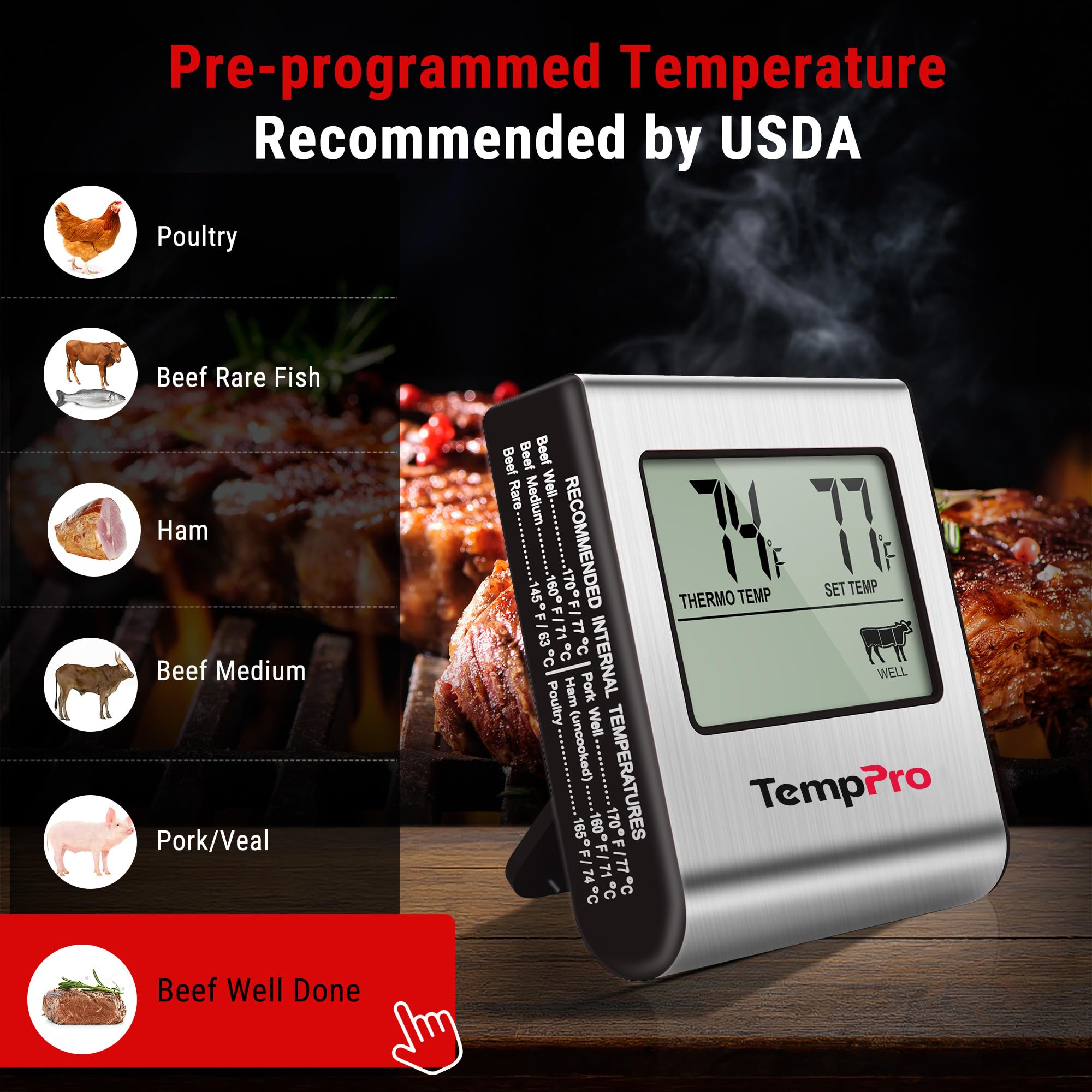 TempPro probe inserted into roast inside oven for hands‑off cooking