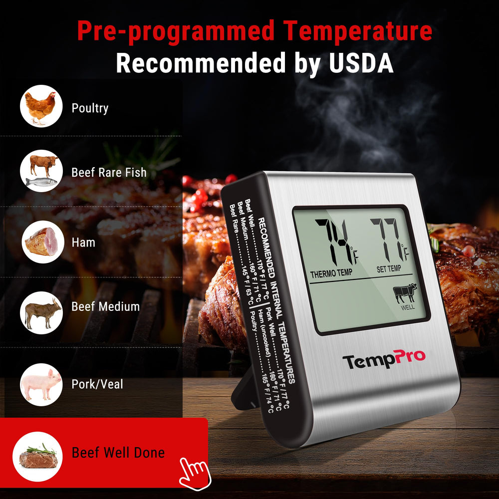 TempPro probe inserted into roast inside oven for hands‑off cooking