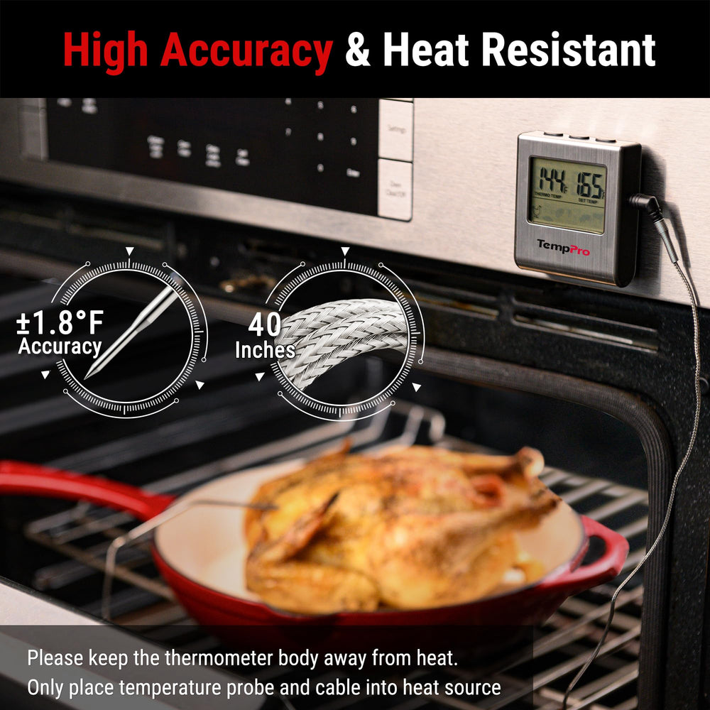 TempPro probe closeup with food‑grade stainless tip for fast accuracy