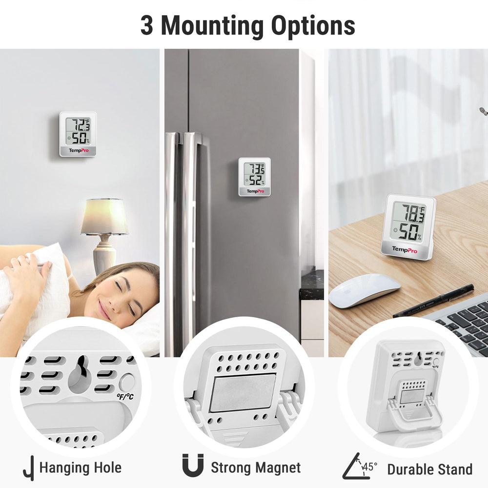 TempPro TP49 freestanding on tabletop using included stand for desk monitoring