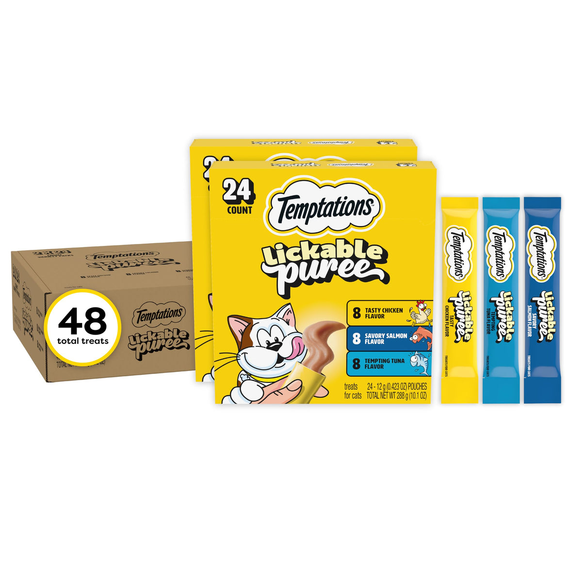 Temptations front packaging variety pack showing tubes and flavors, convenient supply