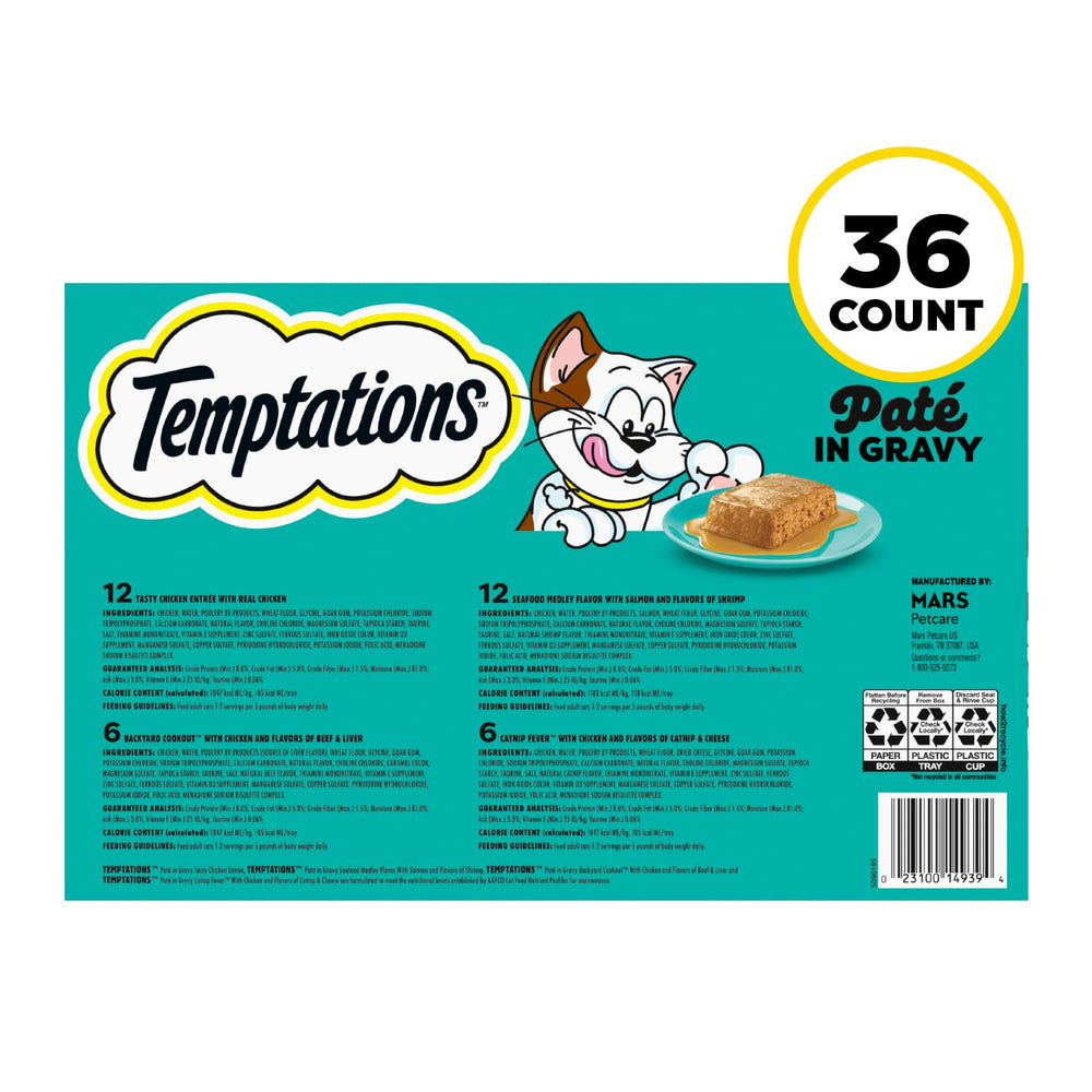 Temptations nutrition label and ingredients close-up to show vitamin content