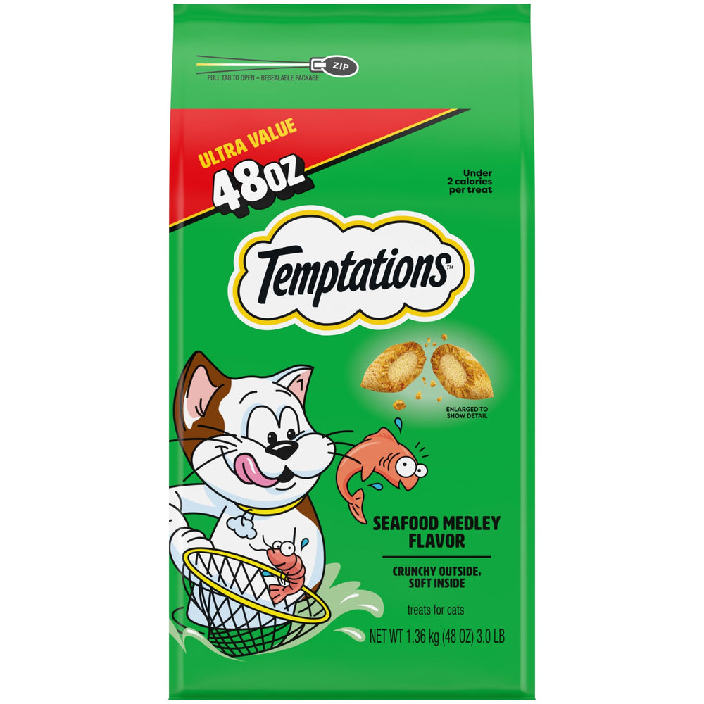 Temptations tub front view showing brand and seafood medley benefits