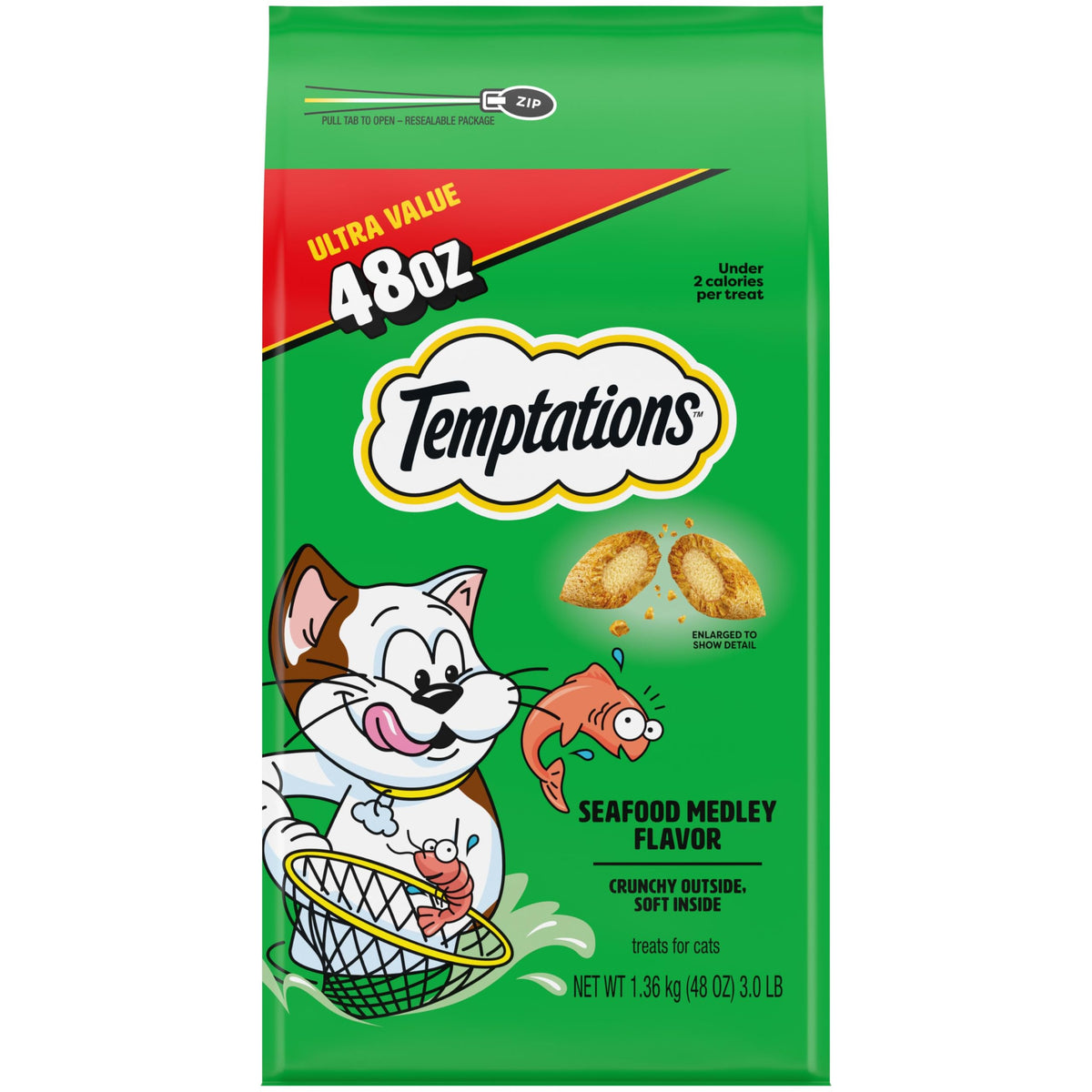 Temptations tub front view showing brand and seafood medley benefits