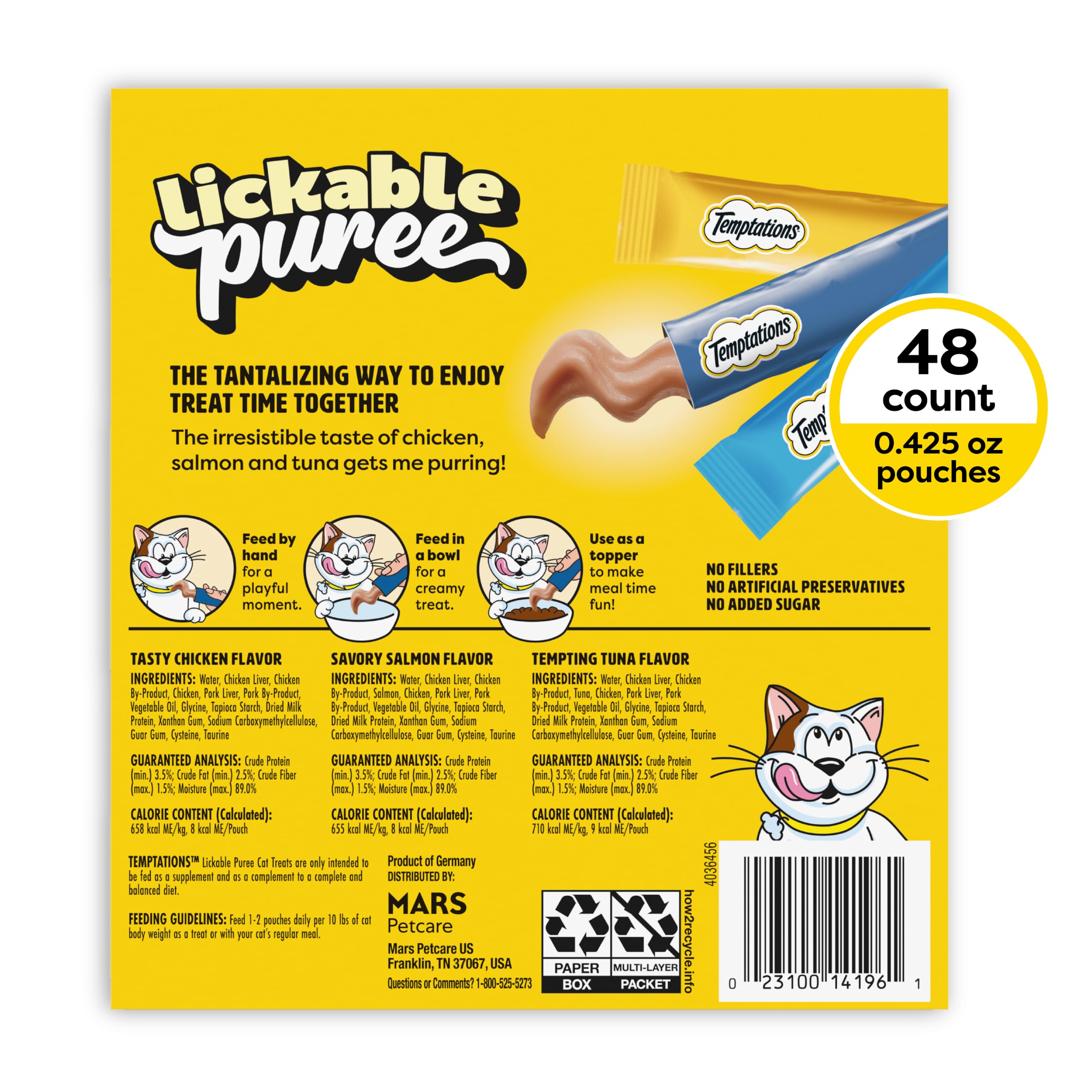 Temptations senior cat licking treat directly from tube, gentle for dental issues