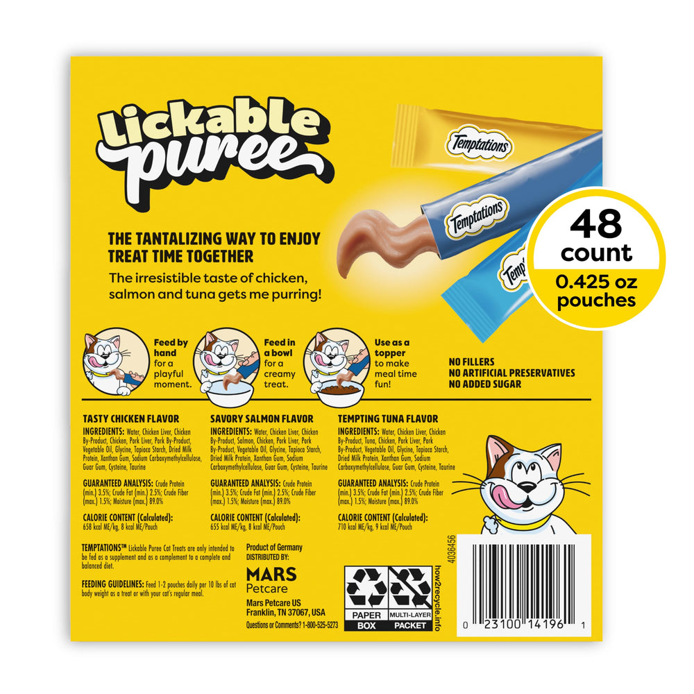 Temptations senior cat licking treat directly from tube, gentle for dental issues