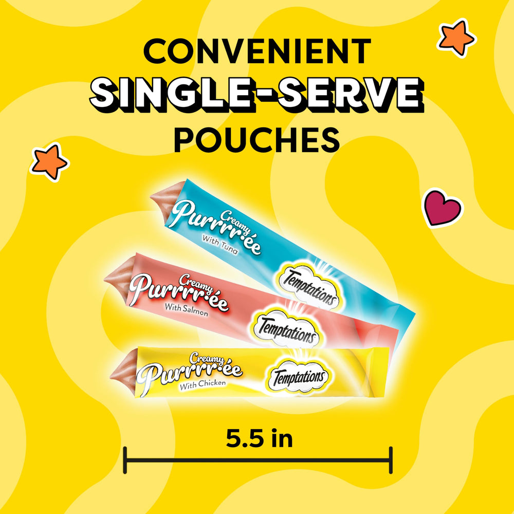 Temptations tube beside a coin for scale, shows compact portable single‑serve size