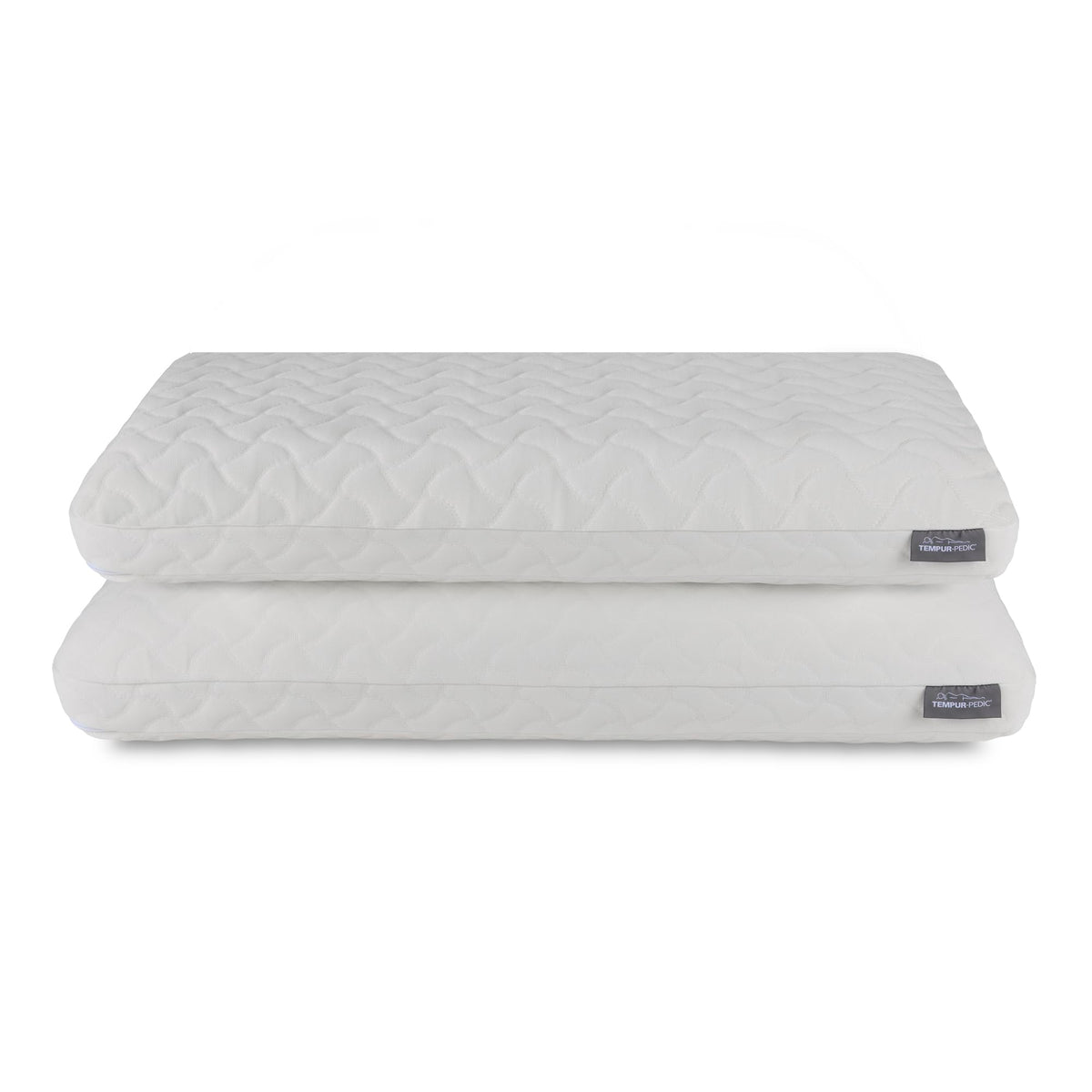 Tempur-Pedic front view of two-pack packaging showing included pillows and benefits