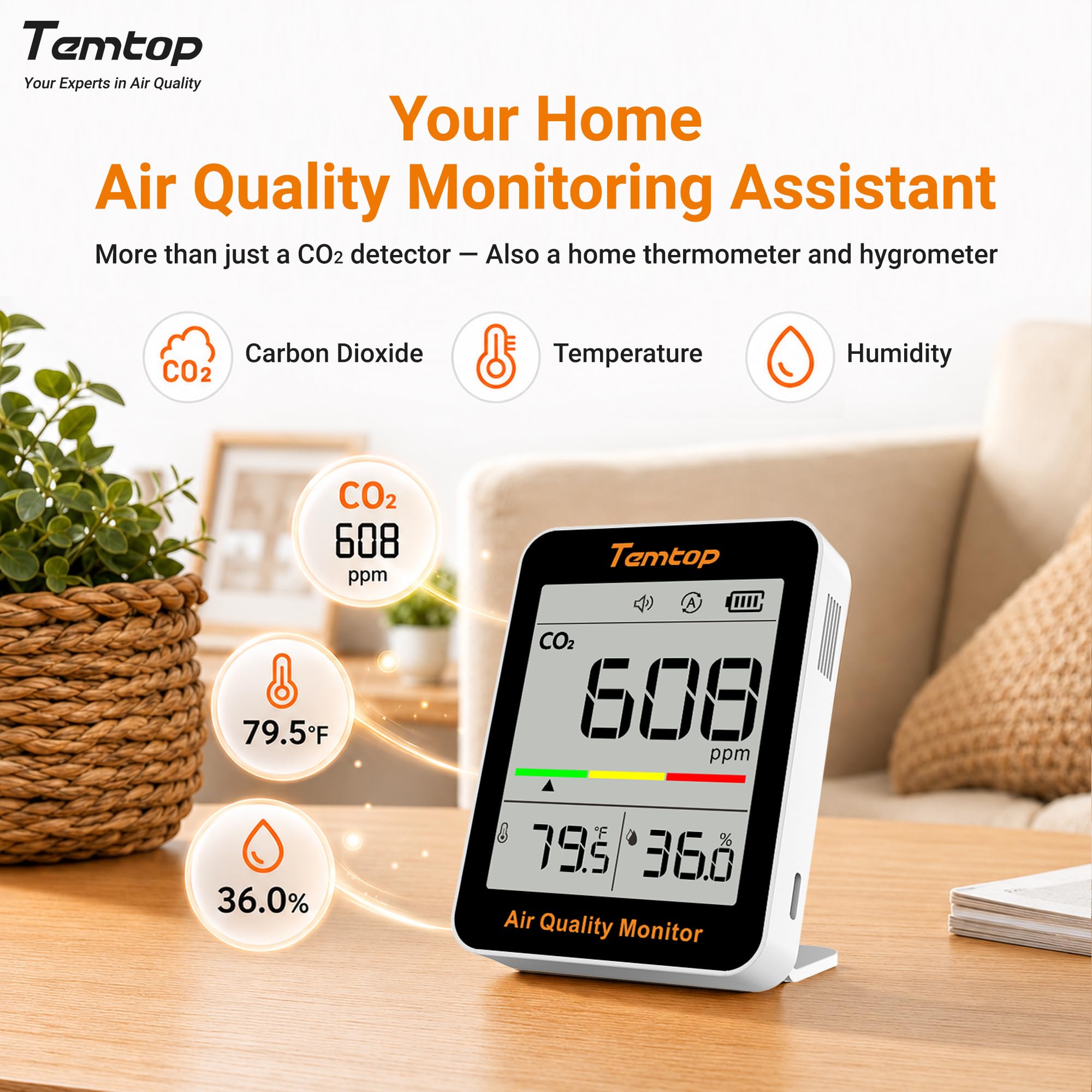 Temtop close-up of sensor area showing NDIR technology and accurate sensing benefit
