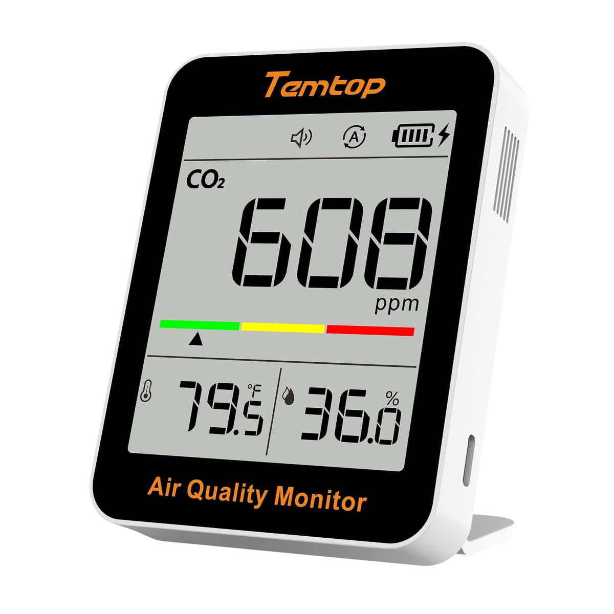 Temtop front display showing CO2 reading and quick readability benefit