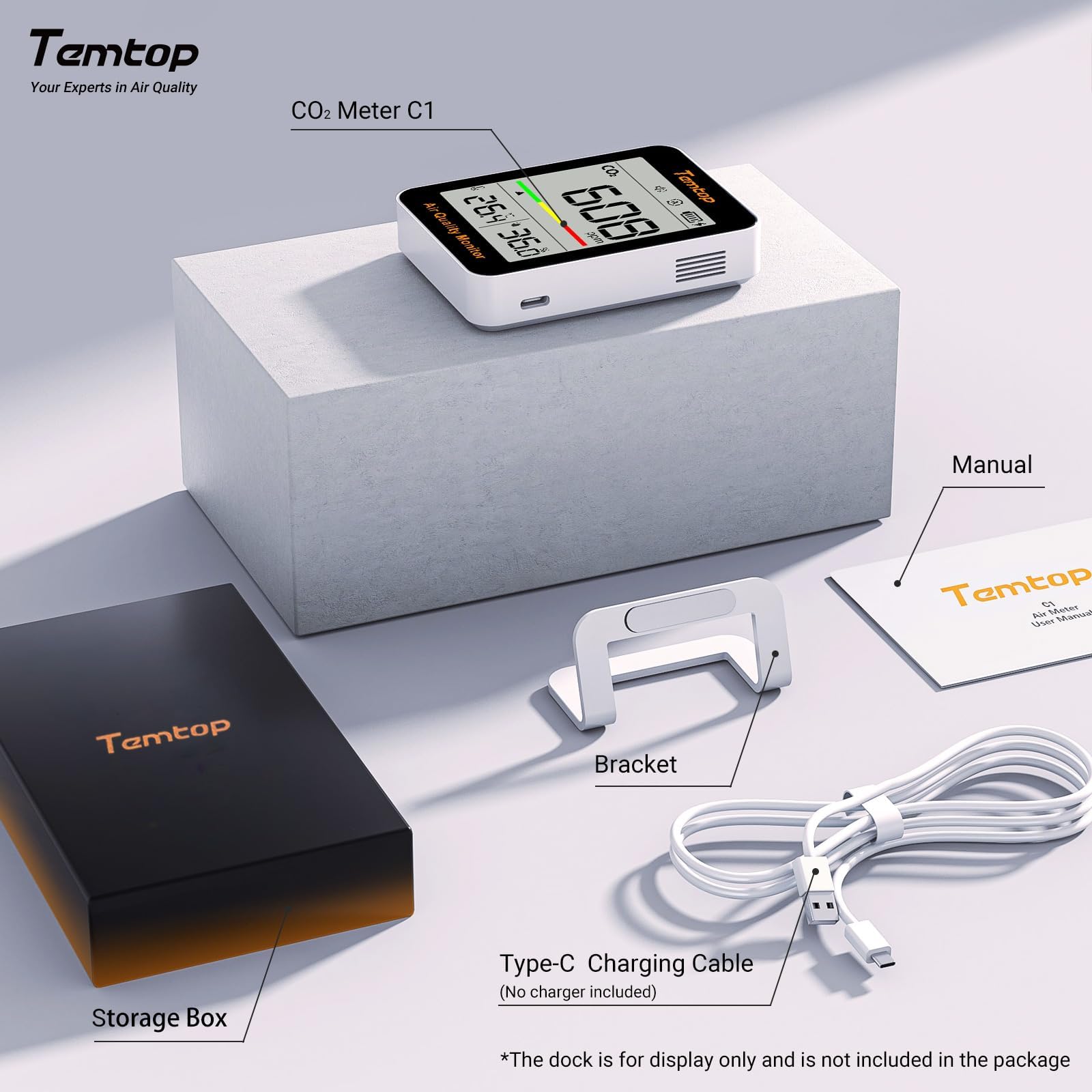 Temtop dimmed night-mode display showing low-disturbance sleeping benefit