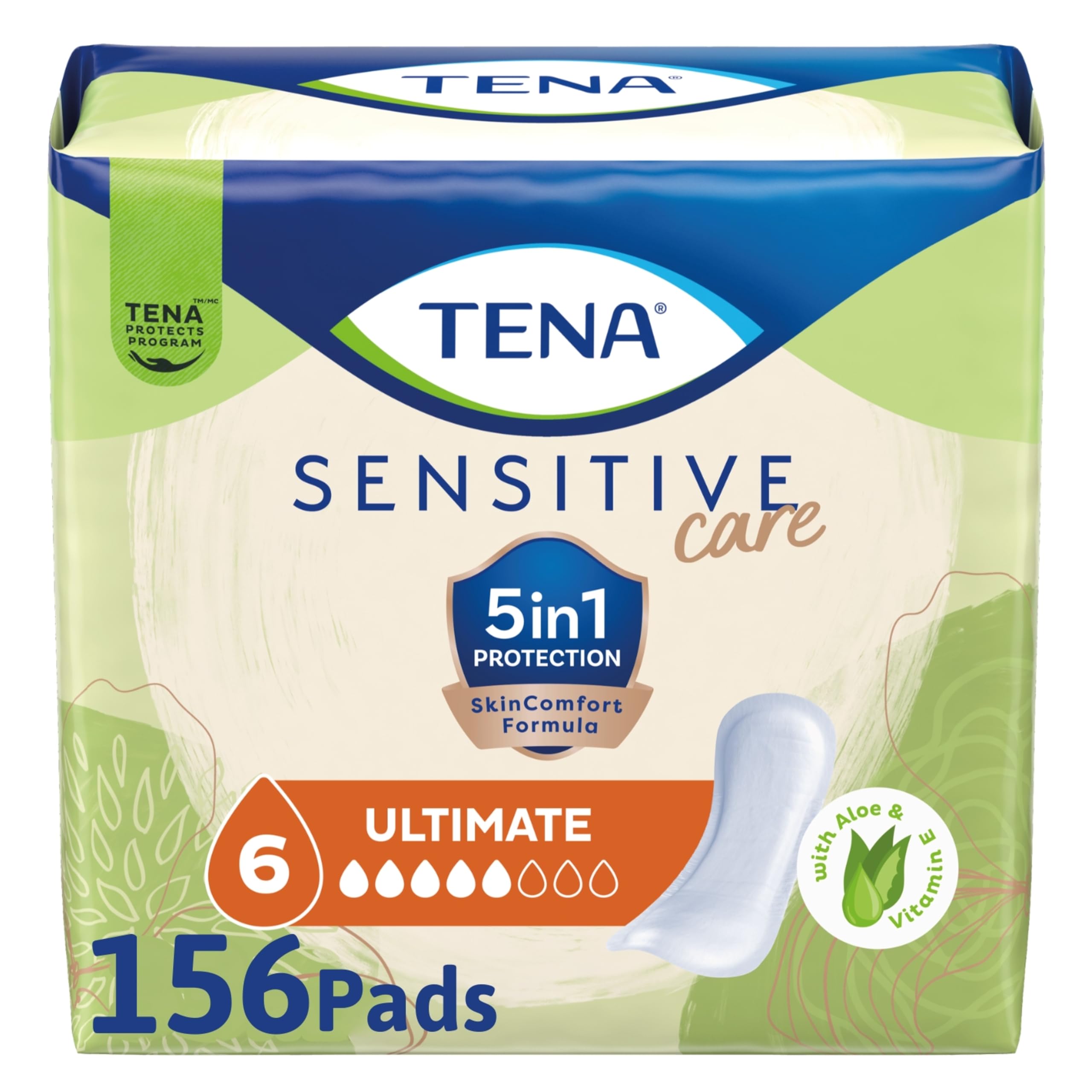 TENA front packaging view showing Regular 156 ct for confident protection