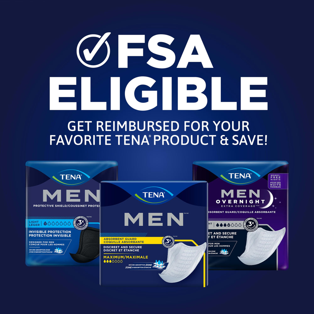 TENA Men 30-count box beside a common object for size and quantity context