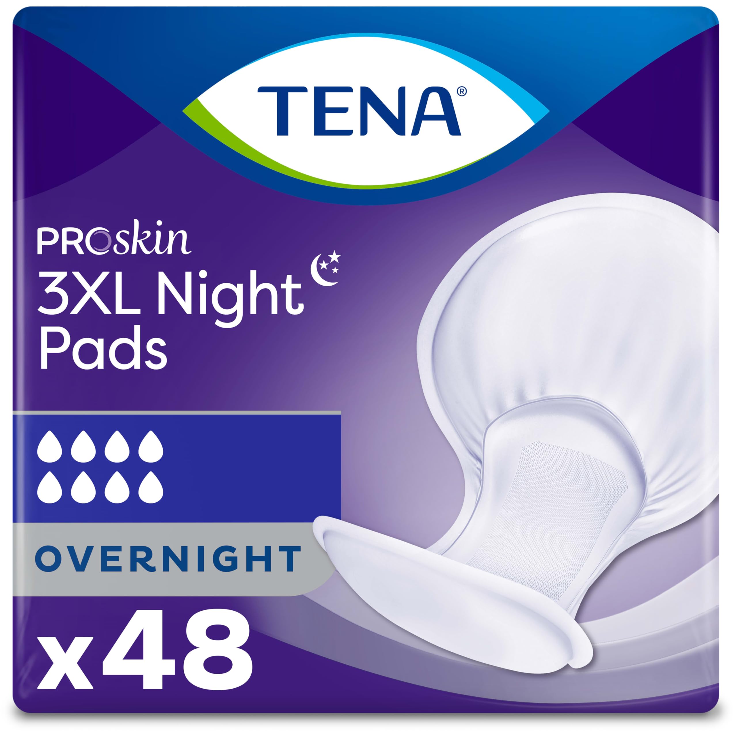 TENA ProSkin front packaging showing 48-count and overnight protection benefit