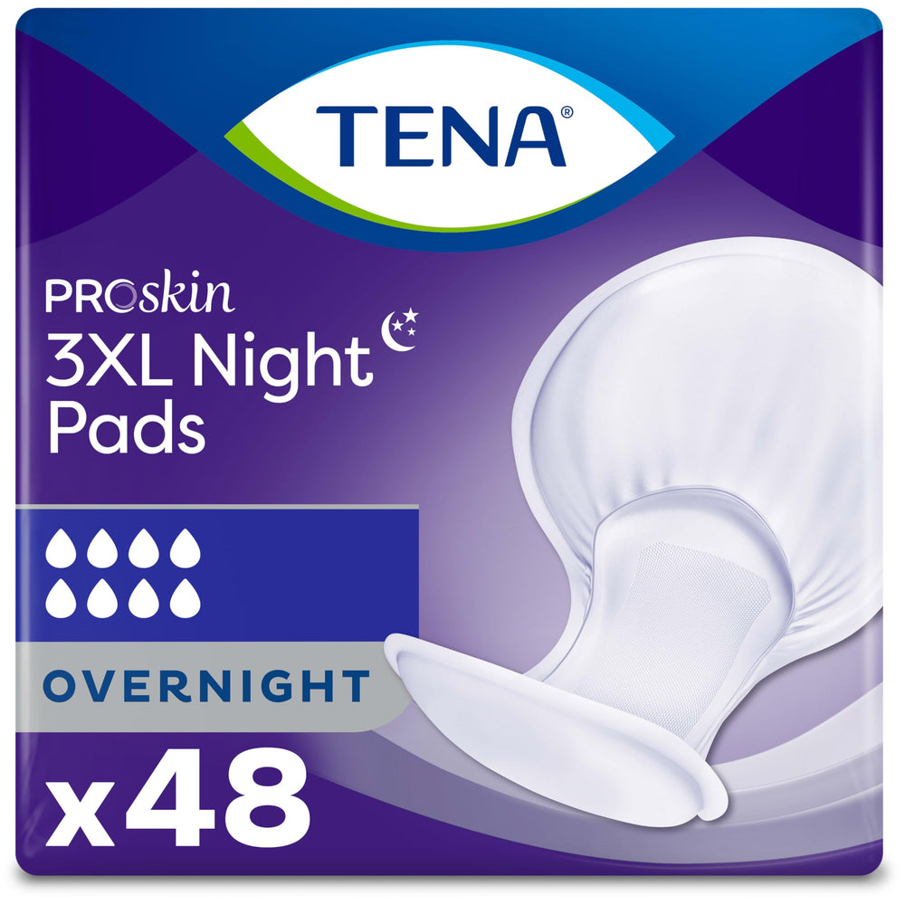 TENA ProSkin front packaging showing 48-count and overnight protection benefit