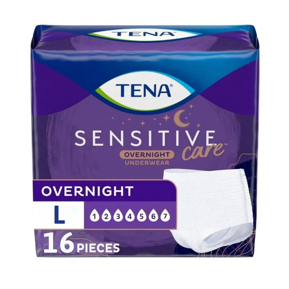 TENA front packaging view showing product and overnight protection