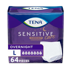 TENA Sensitive front packaging showing 64-count and large size benefit