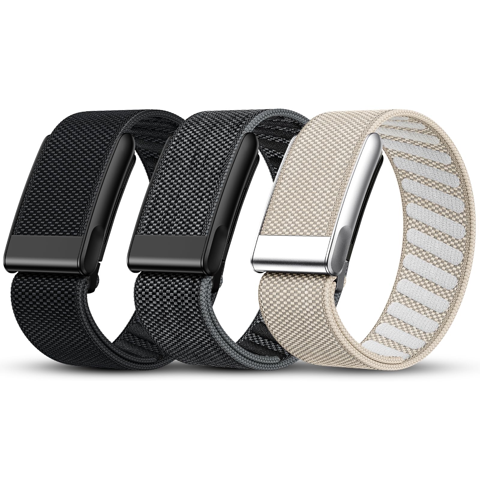 Tensea front view of three WHOOP-compatible bands showing color pack and packaging benefit versatility