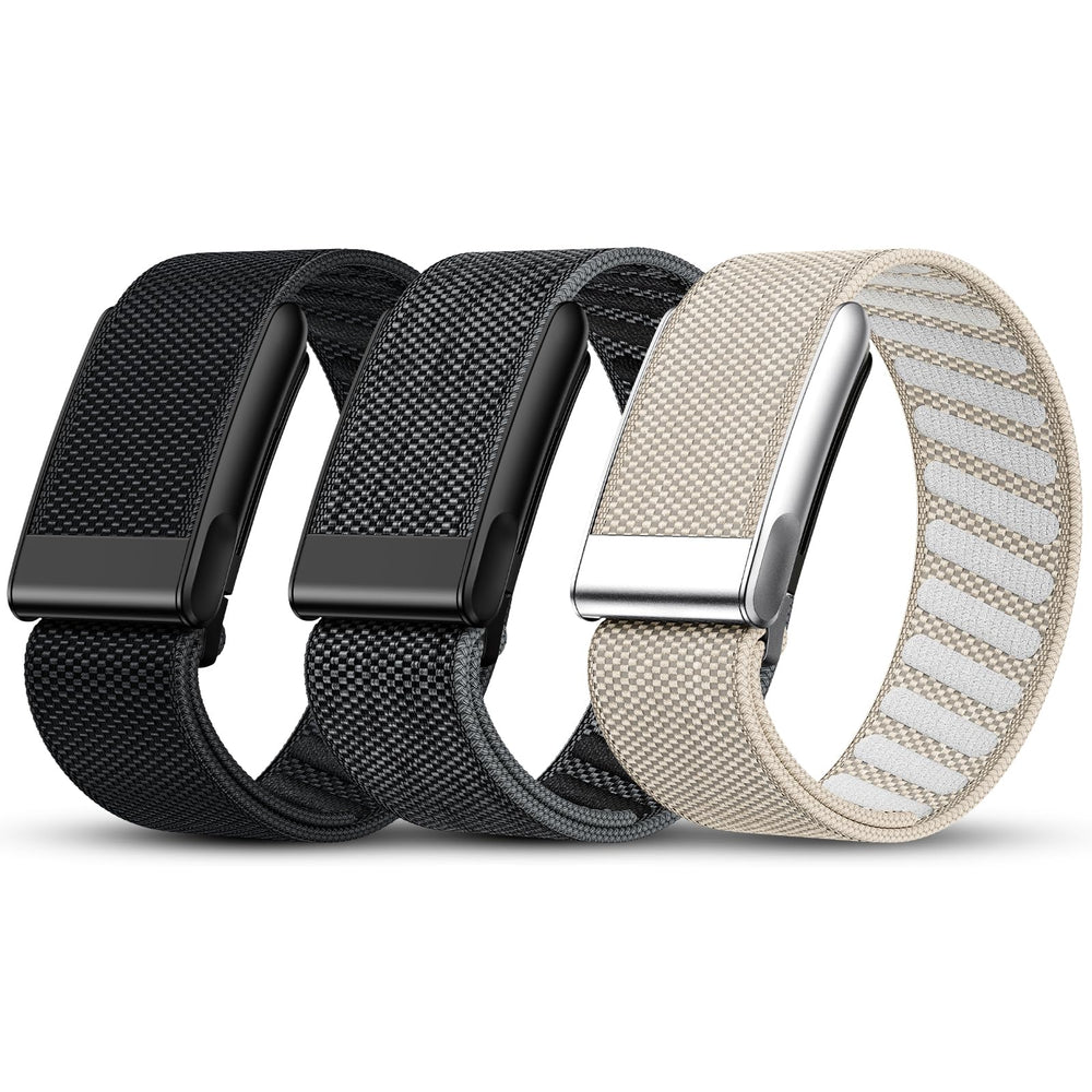 Tensea front view of three WHOOP-compatible bands showing color pack and packaging benefit versatility