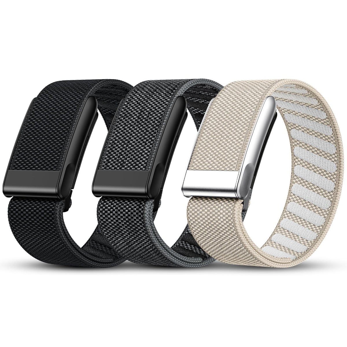 Tensea front view of three WHOOP-compatible bands showing color pack and packaging benefit versatility