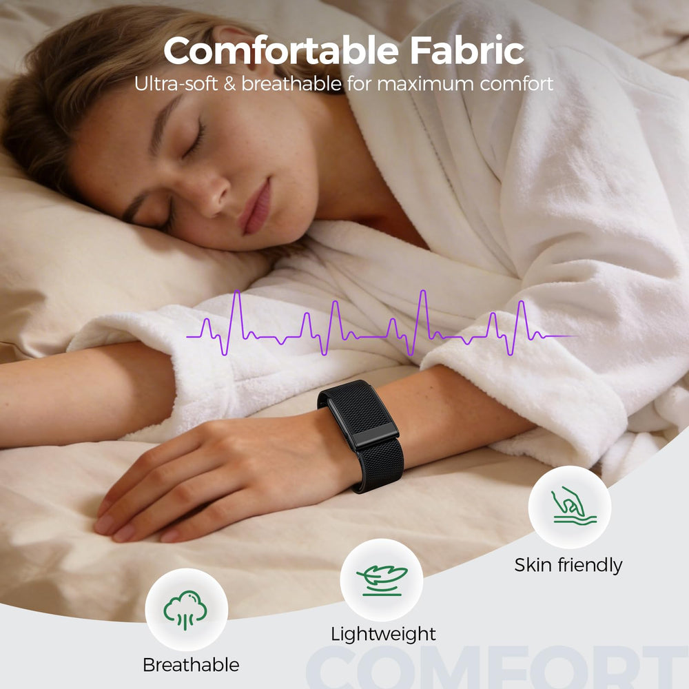 Tensea band worn on wrist during running illustrating stable fit and sweat resistance