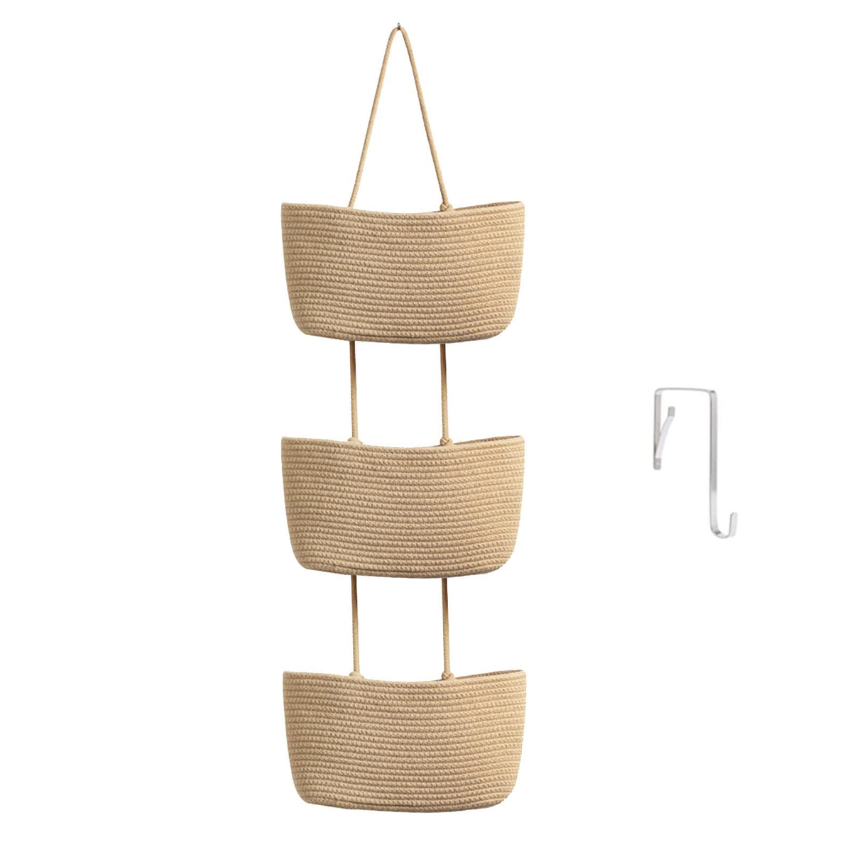 TeoKJ front view of three-tier woven cotton basket showing tidy storage benefit