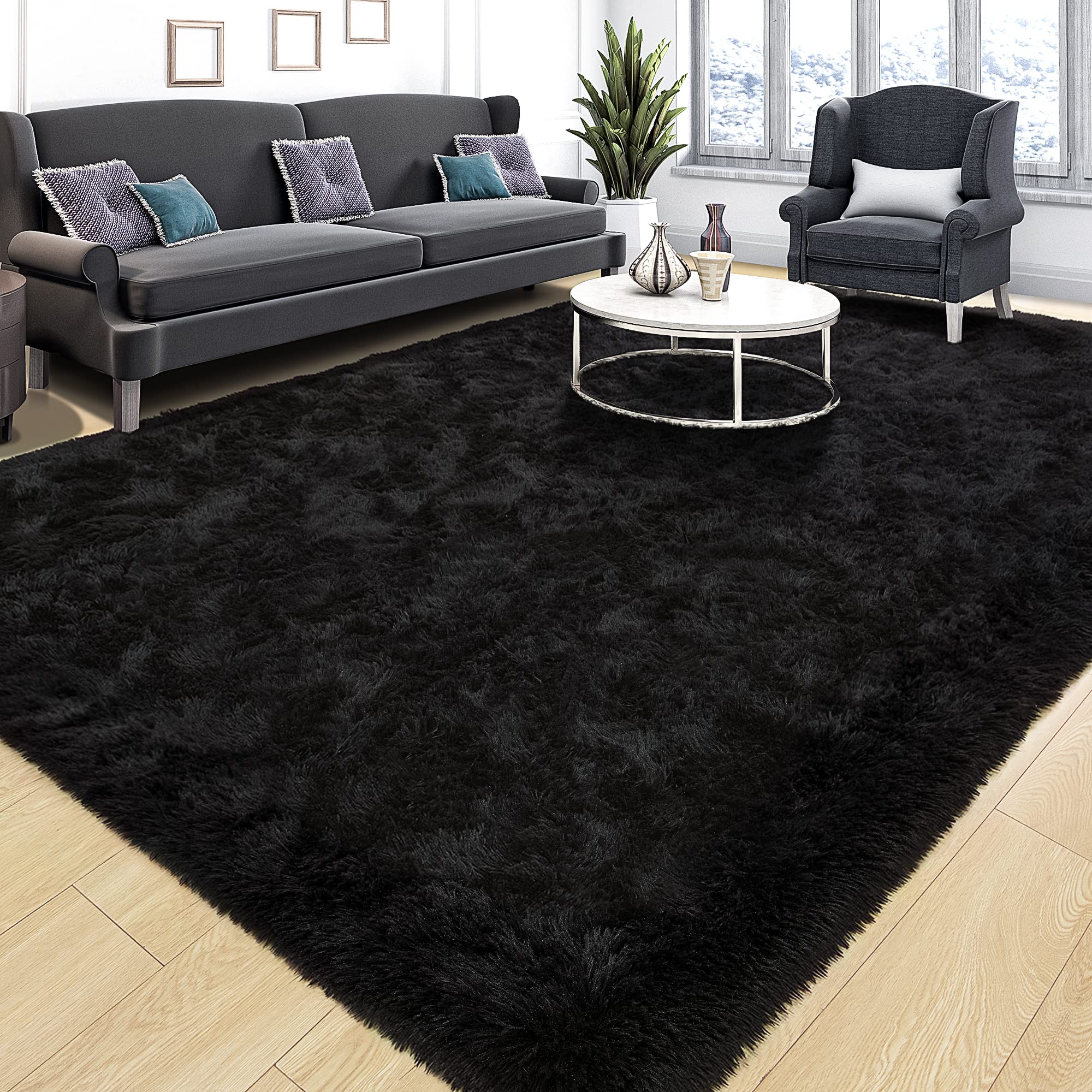 Tepook front view of 4x6 black fluffy rug showing plush surface and modern look