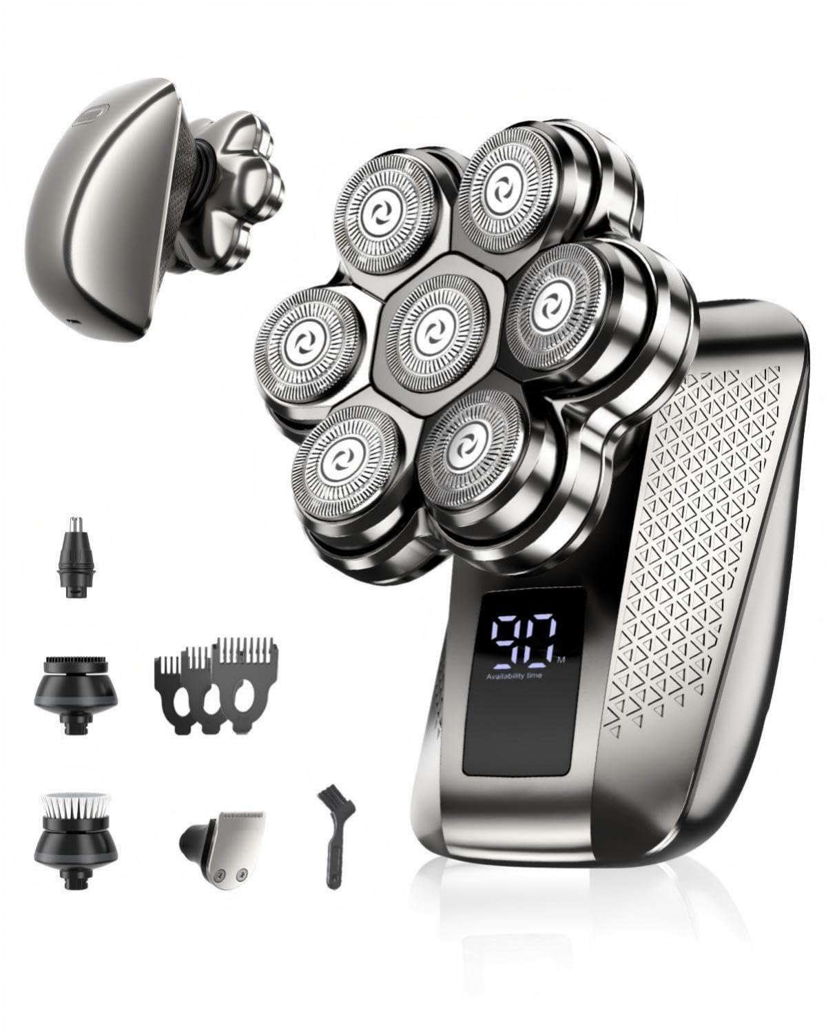 TEPOTZ front view of steel gray shaver showing ergonomic design and portability benefit