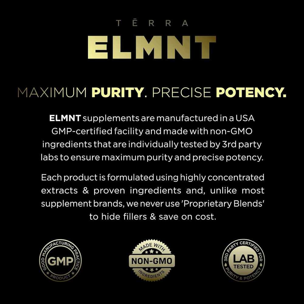 TERRA ELMNT bottle with raw botanicals illustrating natural ingredients