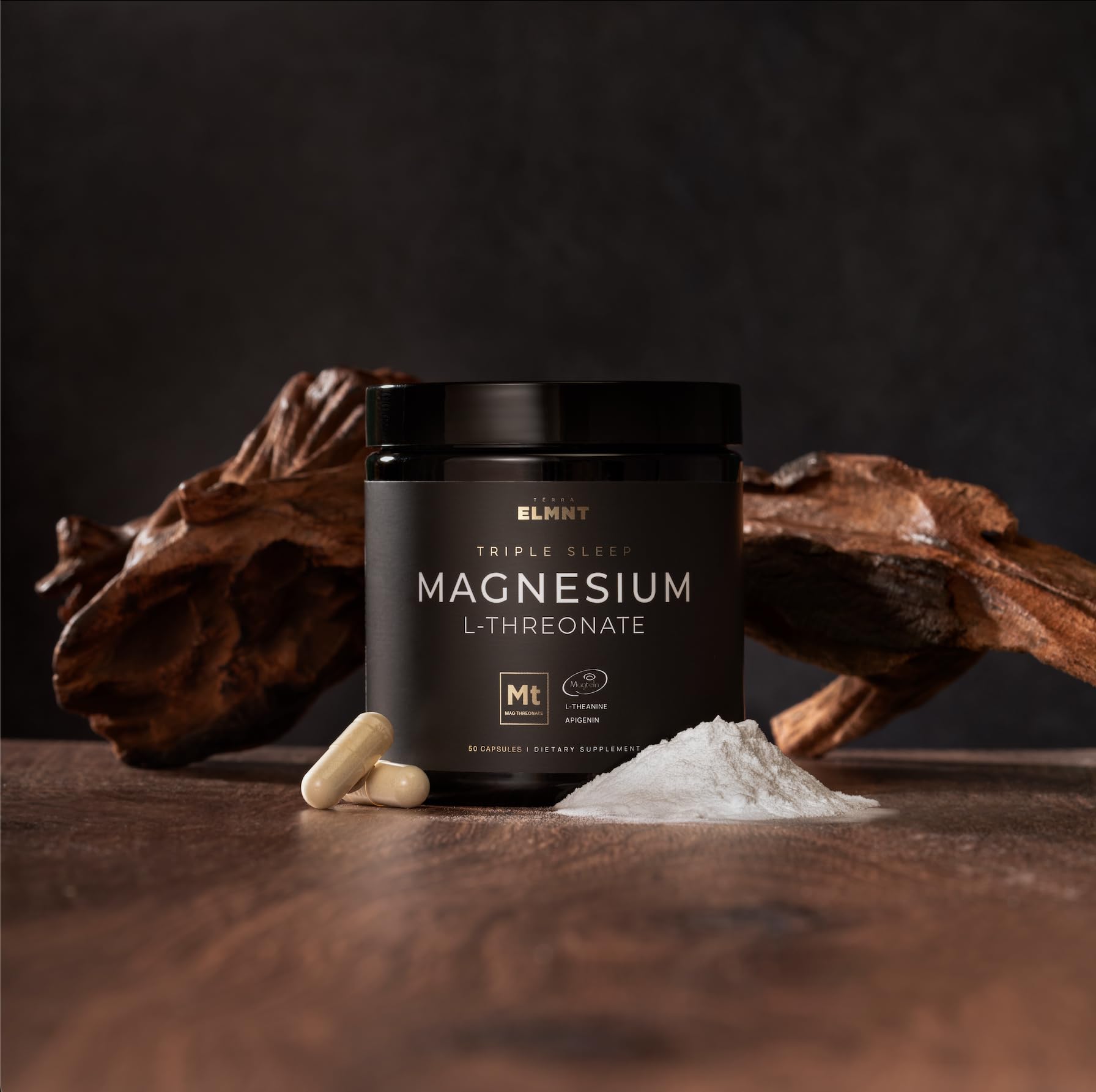 TERRA ELMNT ingredient closeup showing Magtein, L‑theanine and apigenin details