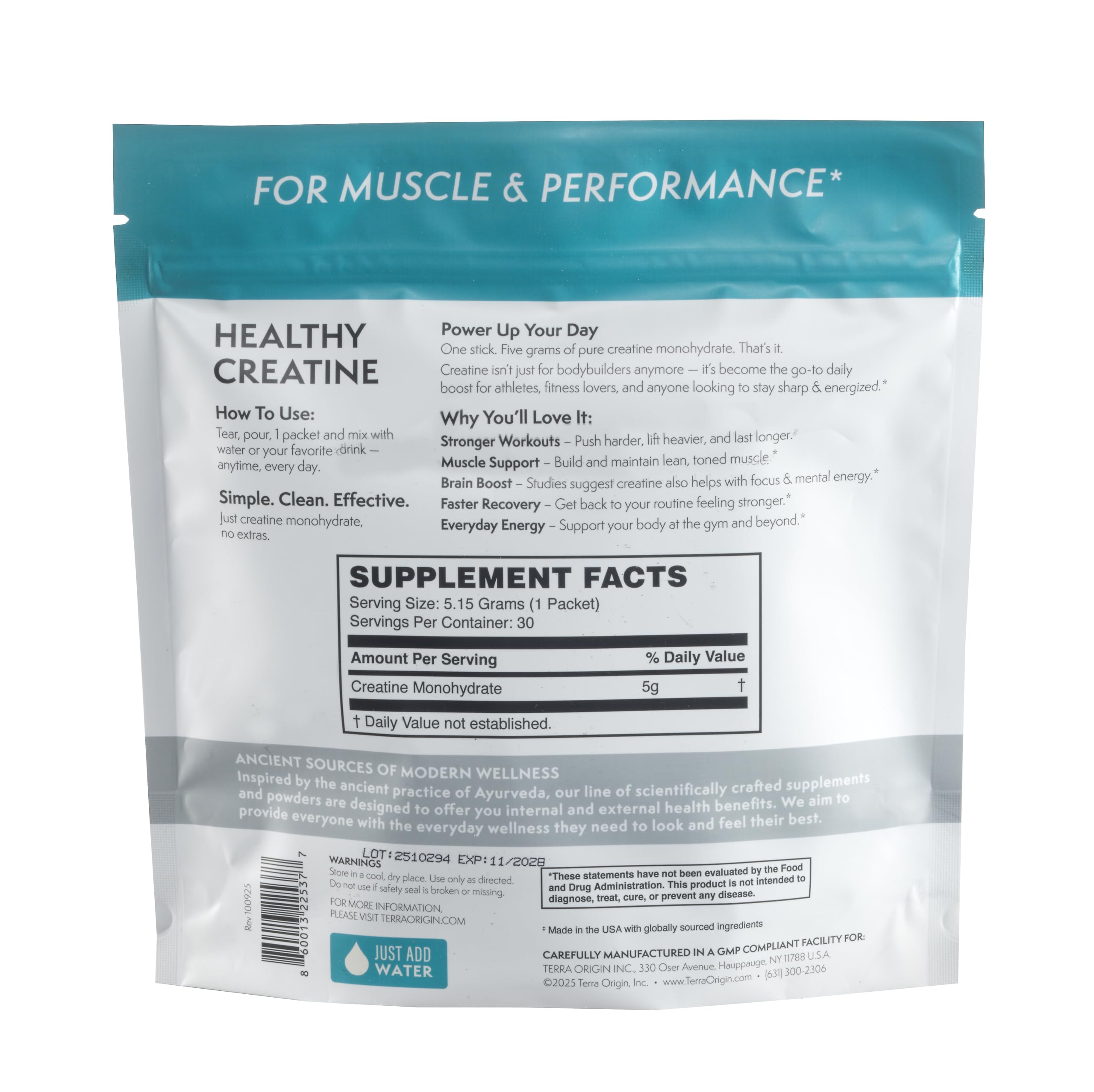 TERRA ORIGIN nutrition label close-up showing pure creatine and ingredient clarity
