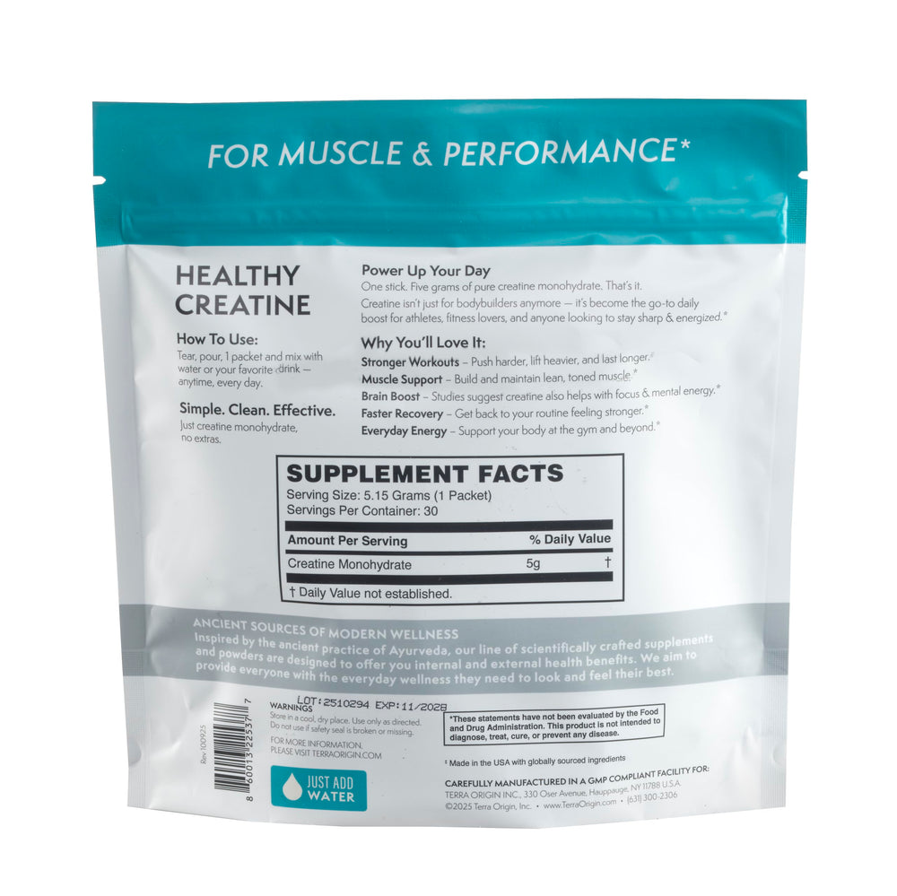 TERRA ORIGIN nutrition label close-up showing pure creatine and ingredient clarity