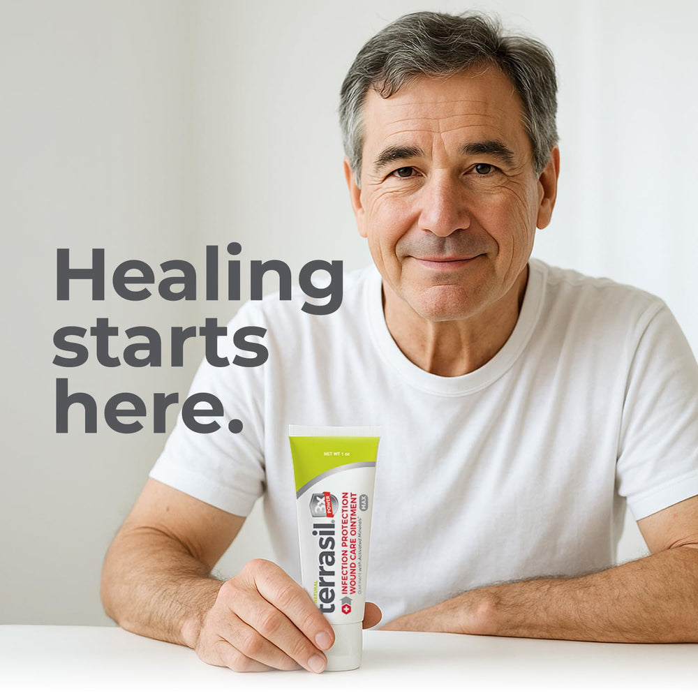 terrasil bedside bottle on nightstand implying convenient nightly wound protection