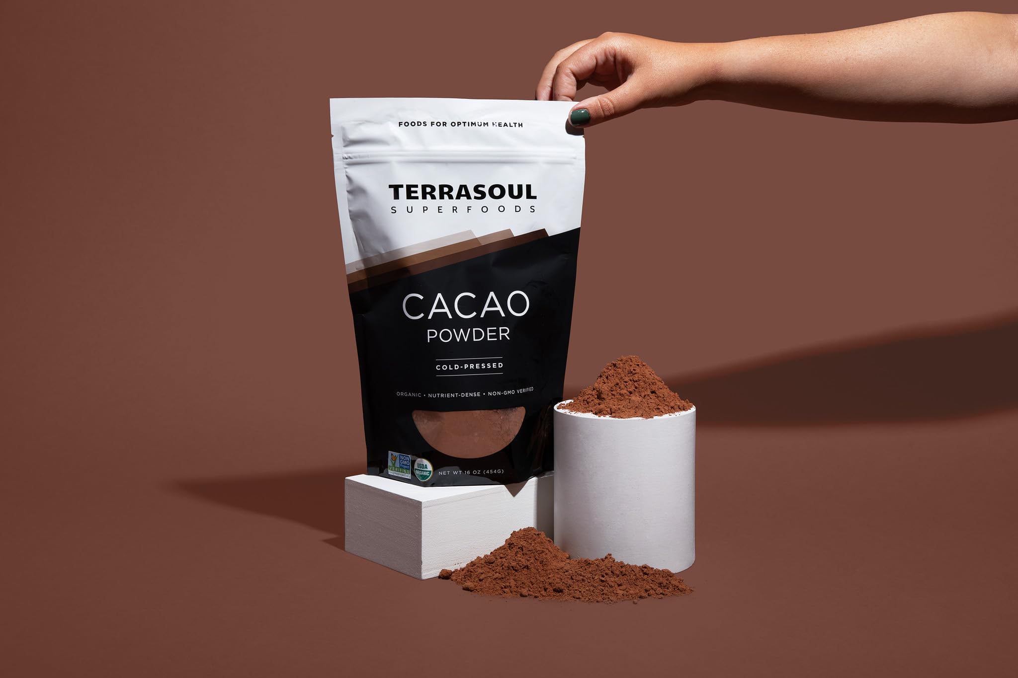 Terrasoul Superfoods cacao used in brownies on a plate showing decadent baking result benefit