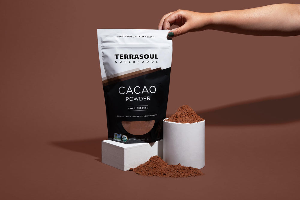Terrasoul Superfoods cacao used in brownies on a plate showing decadent baking result benefit