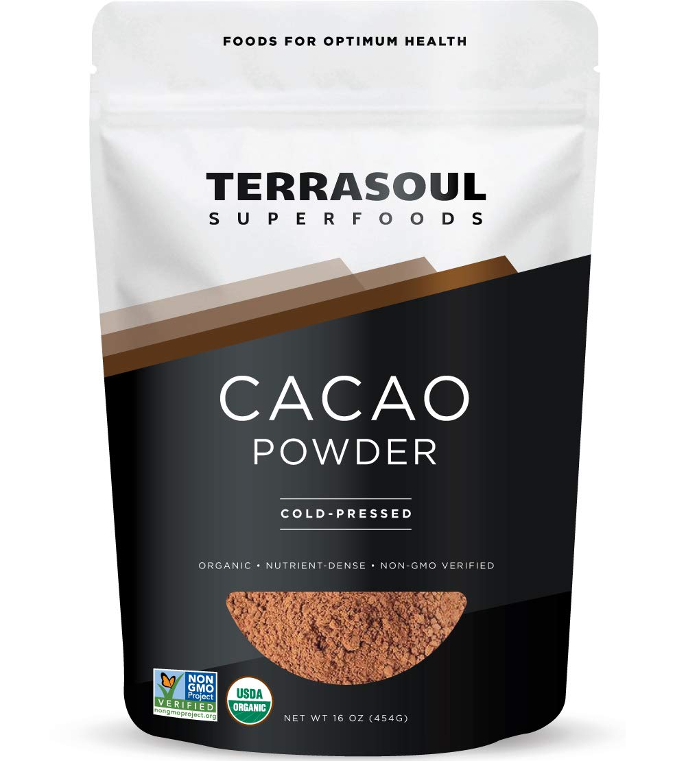 Terrasoul Superfoods pouch front showing one-pound cacao powder packaging and clear label benefit
