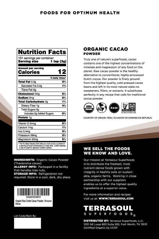 Terrasoul Superfoods cacao powder close-up showing fine texture and rich chocolate color benefit