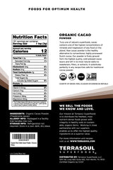 Terrasoul Superfoods cacao powder close-up showing fine texture and rich chocolate color benefit