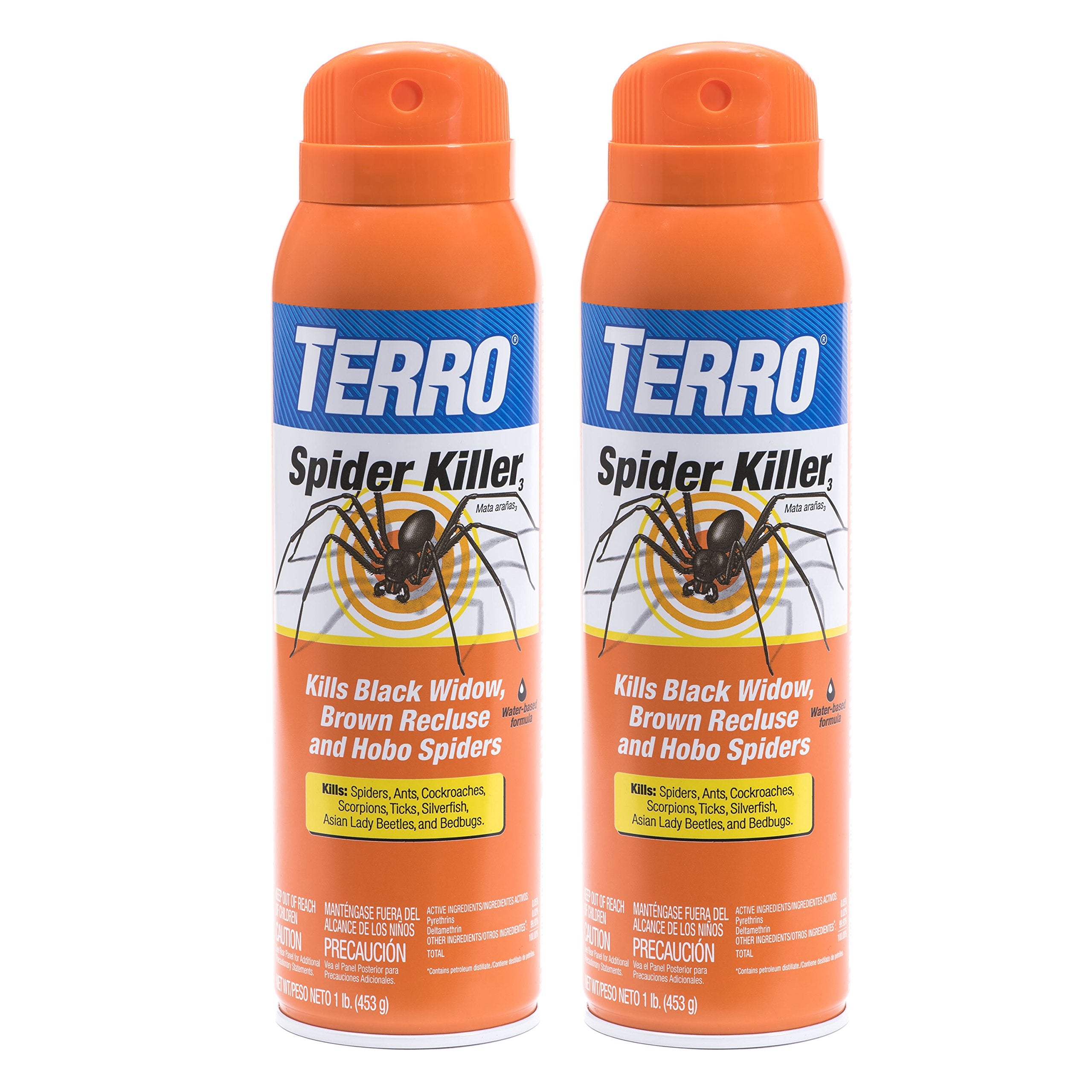 Terro two-pack aerosol cans front view showing label and capacity benefit